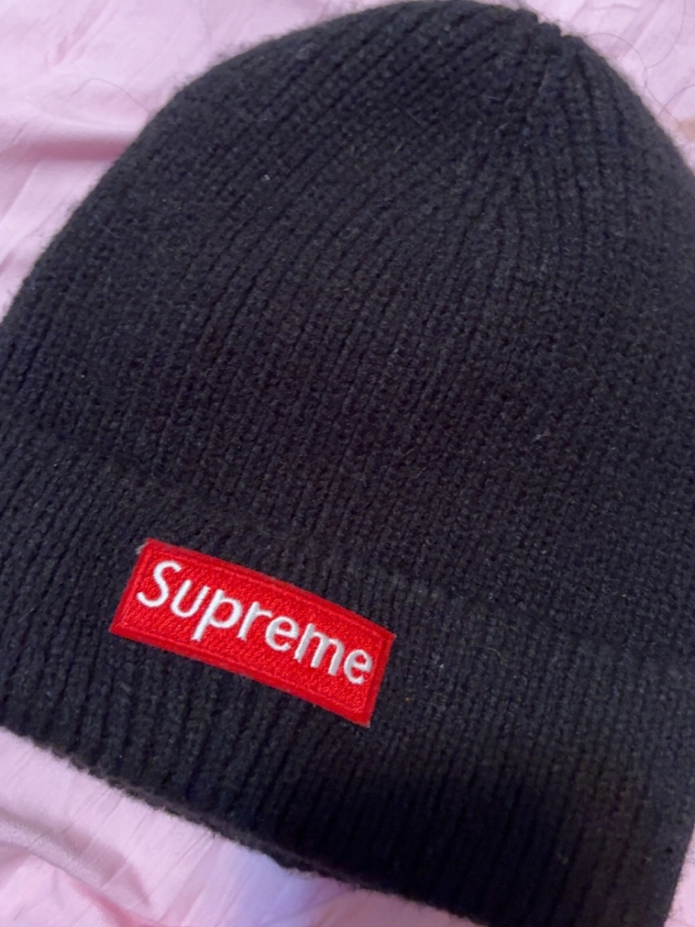 Supreme Black Knit Beanie with Red Logo Patch